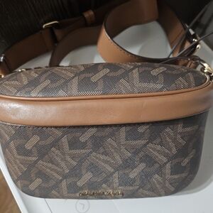 New Michael Kors Logo Patterned Brown and Tan Bag